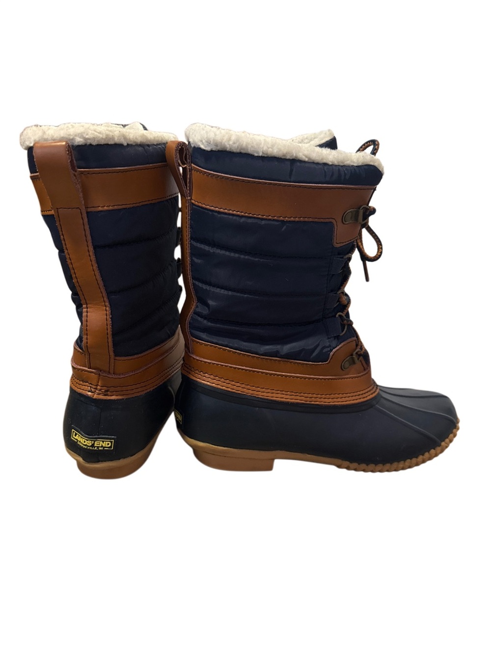 Lands' End Navy and Brown Tall Insulated Lace-Up Winter Boots, 8